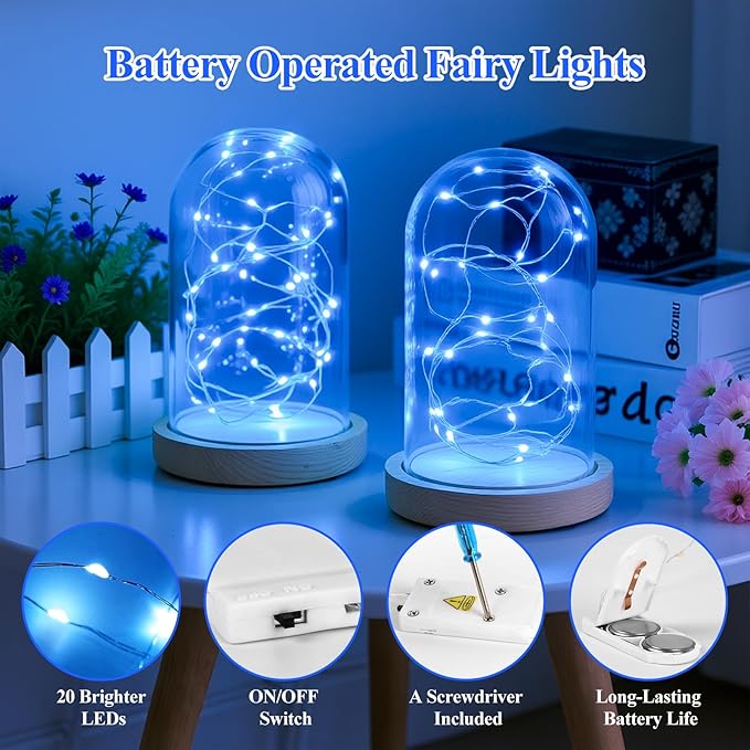 Lakumu 12-Pack Fairy Lights, 7FT 20 LED Battery Operated String Lights, Waterproof Silver Wire Firefly Lights, Blue for Mason Jars DIY Bedroom Wedding Party Centerpiece Table Decor