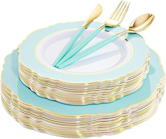 WDF 30Guest Mint Green Plastic Plates & Disposable Gold Silverware With Green Handle-Baroque Green &Gold Plastic Dinnerware for Upscale Party/Picnic/Spring