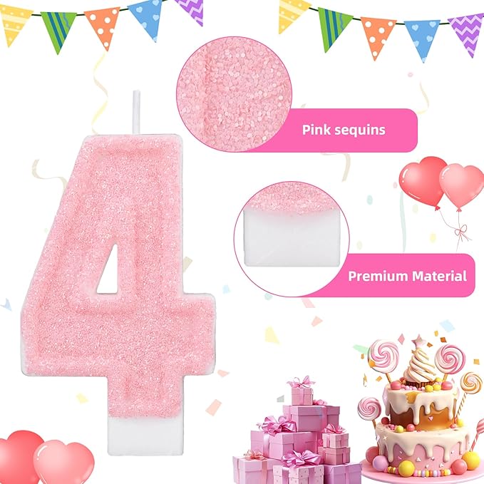 Pink Number Birthday Candles, Romantic Cake Glitter Pink Number Candles Anniversary Cake Topper Decoration Cute Birthday Party Supplies for Wedding Anniversary Celebration Supplies (4)