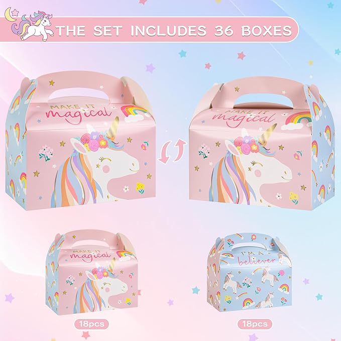 DjinnGlory 36 Pack Unicorn Party Favor Treat Boxes, Small Paper Gift Boxes for Baby Shower, Birthday, Christmas Party Supplies Decoration, Gable Boxes for Small Business 6.18 x 3.58 x 3.38 Inches