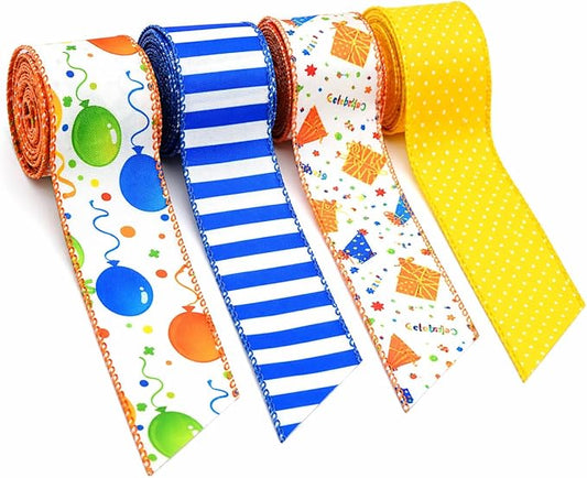 Birthday Wired Ribbon Set, 4 Rolls Decorative Party Ribbon with Balloon Gift Box Stripe Polka Dot Designs for Bows, Gift Wrapping, Birthday Party Decor, Crafts