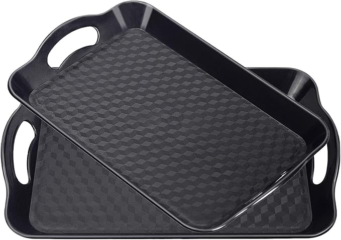 Plastic Tray with Handles, 2 Pack Multi-Purpose Rectangular Non Slip Restaurant Serving Trays Set for Parties, Coffee Table, Kitchen (12.2x16 inch)