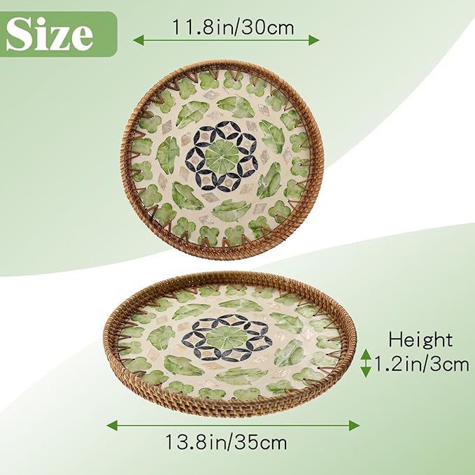 Round Rattan Tray with Mother of Pearl Inlay, Handwoven Wicker Coffee Table Serving Basket Tray for Fruit Snack Party Picnic Cafe Bedroom Kitchen Home Decor Set of 2 (Green Lucky Leaf)