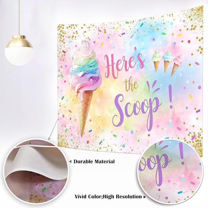Mocsicka Here's The Scoop Backdrop Summer Sweet Ice Cream Theme Birthday Party Decorations for Grils Ice Cream Cake Table Banner Photography Background (Pastel, 6x4ft(72"x48"))