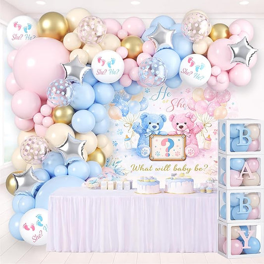 Baby Gender Reveal Decorations Kit, Bear Theme Balloon Garland with Backdrop, 136 PCS He or She Gender Reveal Party Supplies With 4Pcs Baby Boxes for Pink and Blue Baby Shower