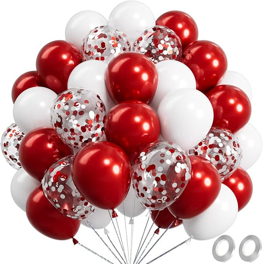 Metallic Shiny Red and White Balloons 12 Inch 67PCS Red White Confetti Balloons Latex Helium Balloon Set for Graduation Wedding Birthday Party Decorations