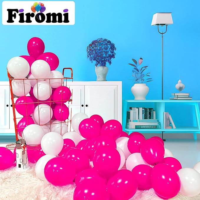 Firomi Small Hot Pink Balloons 5-inch 100 Pack Helium Round Thicken Latex Balloon for Wedding Birthday (with 2 Ribbons)