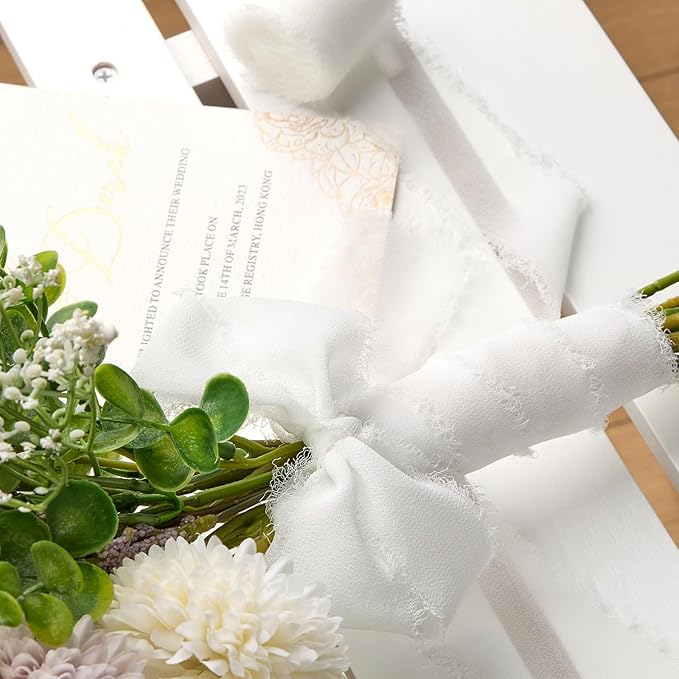White Chiffon Ribbon 1.5" x 21 Yd Handmade Fringe Silk Chiffon Fabric Ribbon for Gift Wrapping Wedding Invitation Bridal Flower Bouquet DIY Crafts Home Decor