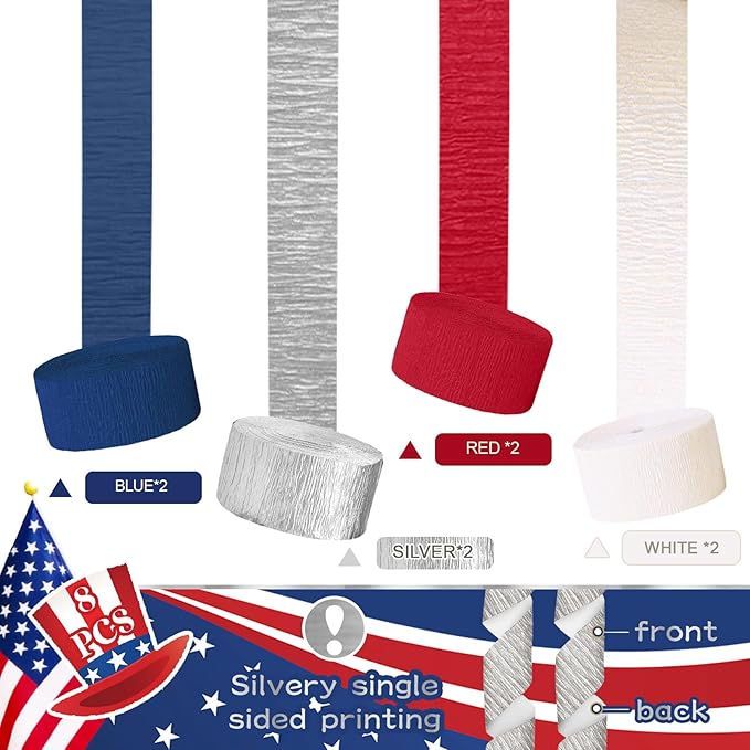 NICROLANDEE Patriotic Decorations - 8 Rolls Red White Blue Crepe Paper Streamers for 4th of July Decorations Independence Day U.S. 250th Anniversary Memorial Day American Theme Party Decorations