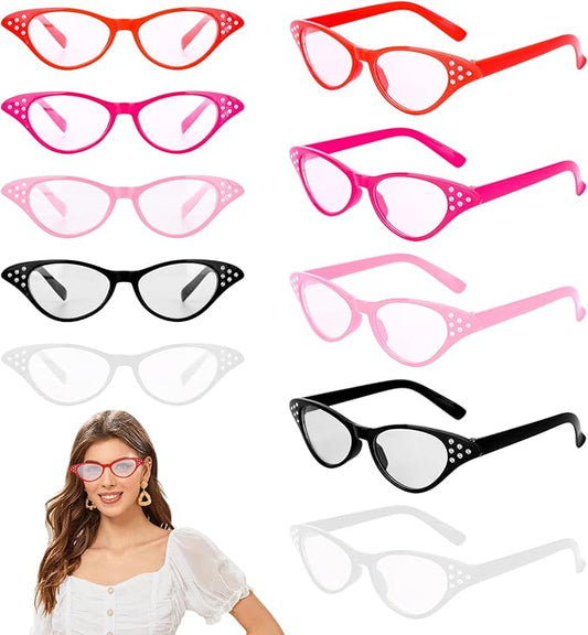 10PCS Cat Eye Glasses with Rhinestones 50s 60s Retro Old Lady Glasses Party Costume Glass for Cossplay Dress Up Party Favor