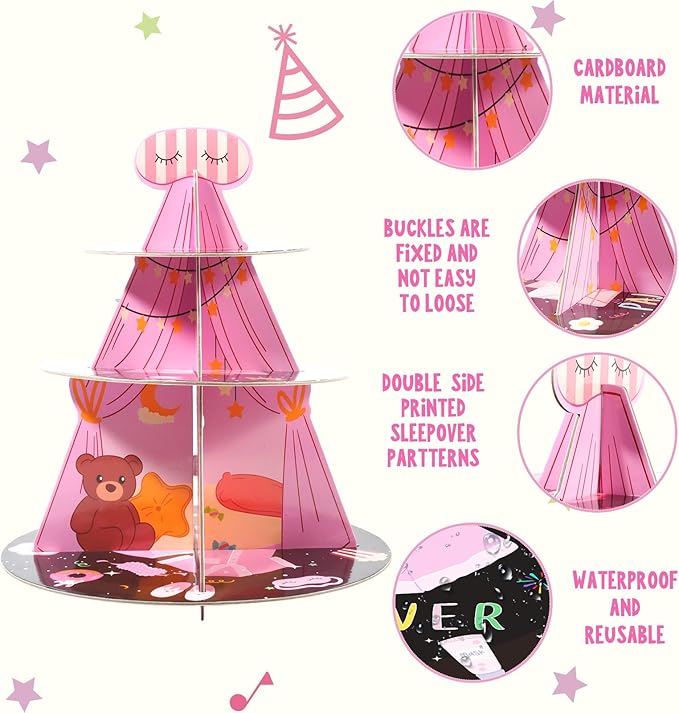 3-Tier Cake Stand for Girls Birthday Party Decorations - Pink and Black Orbicular Cardboard Dessert Stand for Sleepover Party Supplies,Slumber Decorations,Sleep Over Tents for Girls