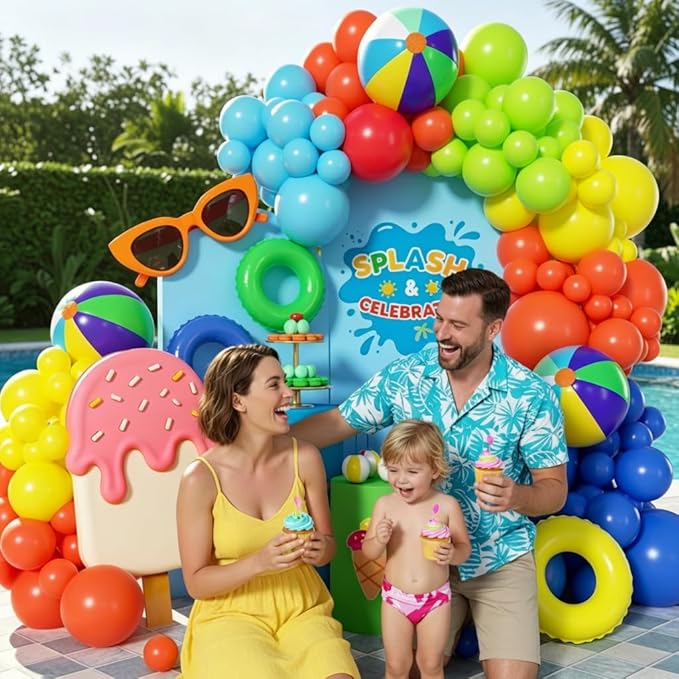 Pool Beach Party Decorations 160Pcs, Hawaiian Tropical Pool Balloon Garland Arch Kit with Beach Ball for Hawaiian Birthday Summer Luau Outdoor Pool Party Baby Shower Gender Reveal Party Decor