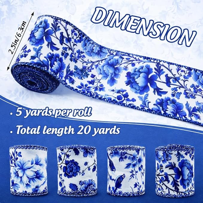 Blue and White Wired Edge Ribbon, 2.5 Inch x 20 Yards Floral Fabric Ribbon for Wreath Bow, DIY Crafts, Gift Wrapping, Wedding, Bridal Shower,4 Rolls (White and Blue)
