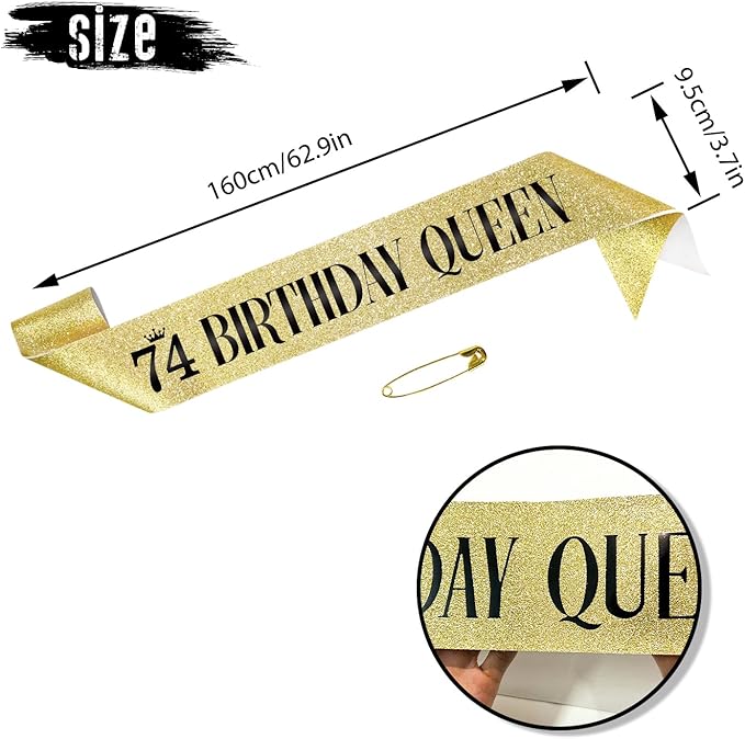 74 Birthday Queen 74th Birthday Sash for Women, Gold Glitter Sash with Black Foil