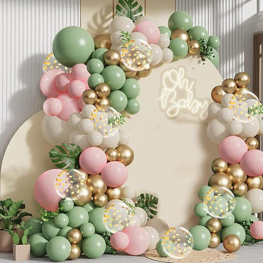 Sage Green Pink Balloon Arch Kit, Olive Green Light Pink Sand White Blush Metallic Gold Balloons with Gold Confetti Balloons for Girl Birthday Woodland Jungle Safari Decorations