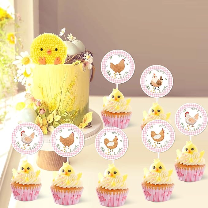 Cheereveal Chicken Birthday Party Decorations, 24pcs Chick Theme Cupcake Toppers Pink, Barnyard Farm Animal Theme Birthday Baby Shower Party Supplies for Girls
