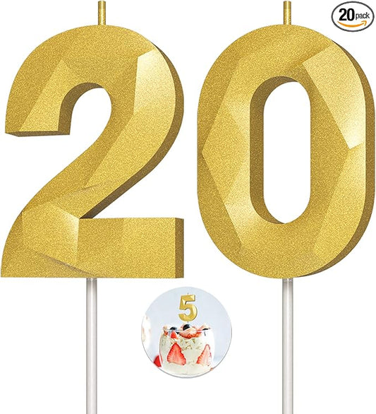 Number Birthday Candles(20 Candle Gold) 3D Diamond Shape Number Happy Birthday Cake Candles for Birthday Party Wedding Decoration Reunions Theme Party