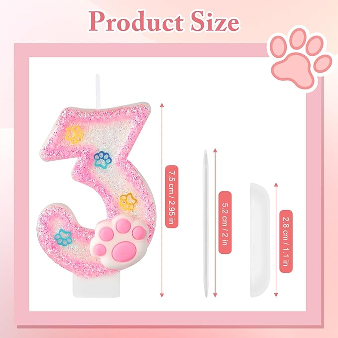 AKURIEEY Dog and Cat 3rd Birthday Candle Pink Numbers 3 Candle Paw Cake Topper Cupcake Decorations for Pet Theme Party Decor Anniversary Celebrations Supplies