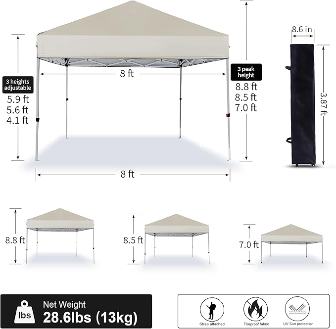 Pop Up Canopy Tent 8X8 FT,Easy Set-up Sade,Instant Shelter w/Canopy Cover,4 Ropes,Adjustable Straight Leg Heights Canopies,Outdoor Patio Tents for Parties,Commercial,Silver White