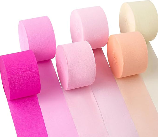 Crepe Paper Streamers 6 Rolls 492ft, Pack of Pink Theme Party Streamers for Party Decorations, Birthday, Wedding, Baby Shower, Graduation, Christmas