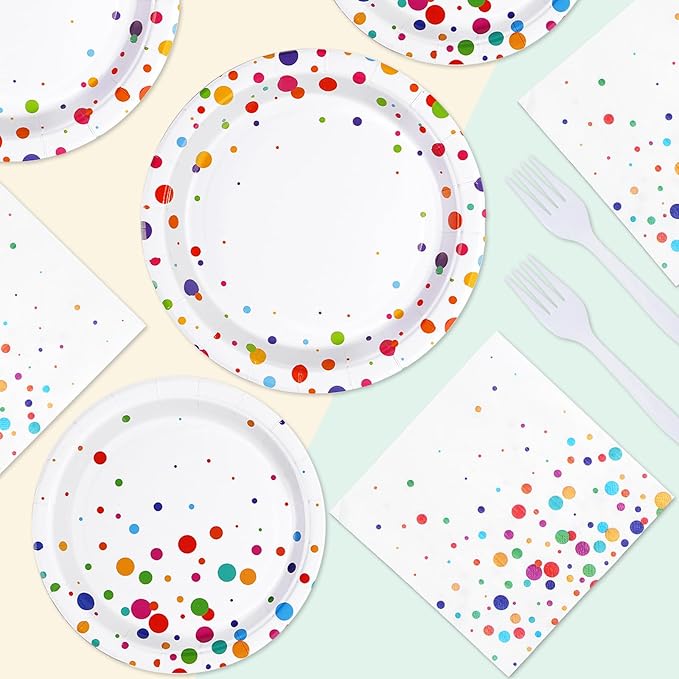 Grencian 96 Pcs Colorful Polka Dots Party Supplies Colorful Birthday Plates and Napkins Sets Confetti Bubble Plates Rainbow Dots Tableware for Birthday Baby Shower Rainbow Party Decorations Serves 24