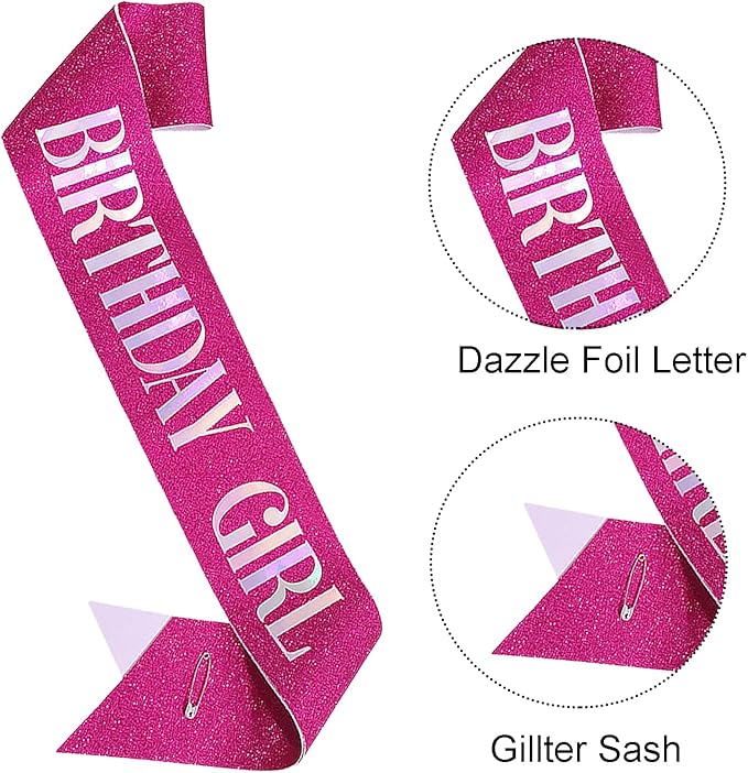 Birthday Sash for Girl, Dazzle Foil Letter Glitter Hot Pink Birthday Sash for Women Girl Kids Teenager Bday Gifts Party Favors Photo Prop