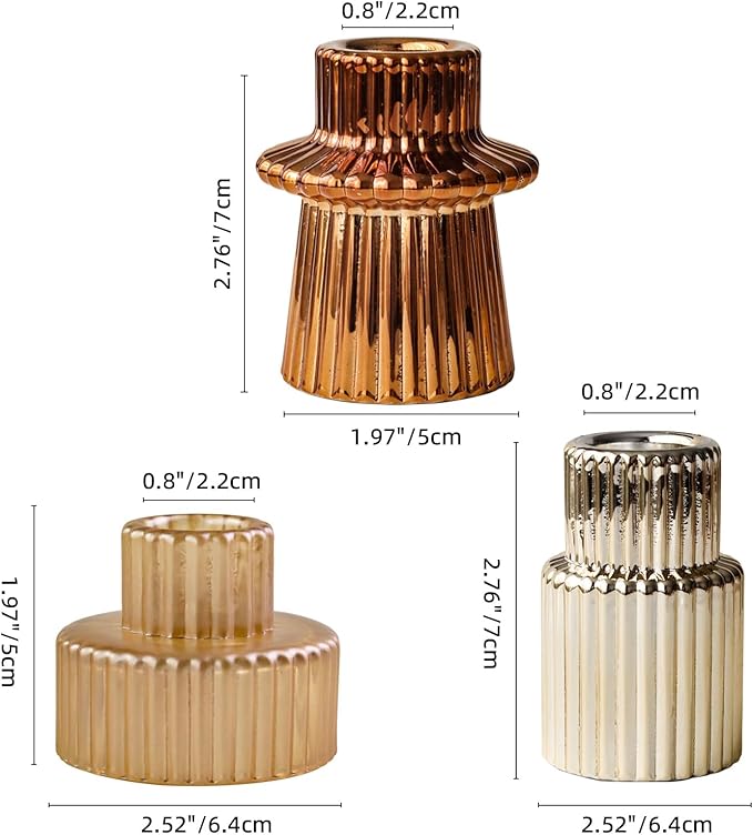 Gold Candlestick Holders 6PCS for Tealight Candle Stick Candles, Ribbed Glass Taper Candle Holders Set Table Centerpieces for Thanksgiving Christmas Farmhouse Decor Indoor and Outdoor