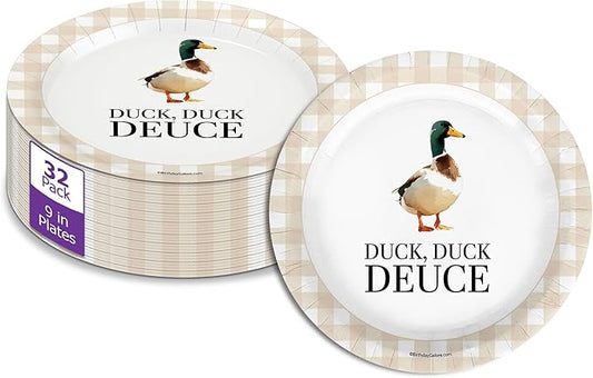 Duck Duck Deuce Second Birthday - 32 Piece Disposable Party Supplies - Decorations for Beige Gingham 2nd Birthday Round Party Plates - Large 9" Paper Plates In Bulk
