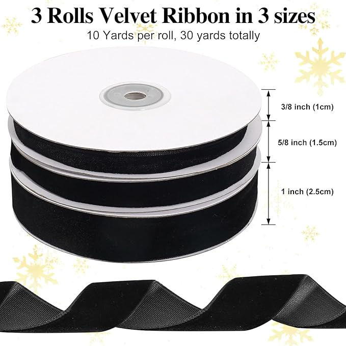 Black Velvet Ribbon, Vintage Christmas Velvet Ribbon for Gift Wrapping Christmas Tree Ornaments, 3 Rolls 3/8, 5/8, 1 inch Wide, 30 Yards Totally, Craft Ribbons Trim for Wedding Invitations, Wreaths