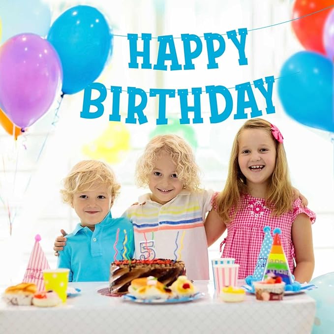 Pre-Strung Blue Birthday Decorations Boys - 9PCS Happy Birthday Banner Hanging Swirls Decorations Supplies Cheers to Boy's Birthday Party
