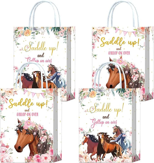 Tyndallrays 16 Pieces Horse Goodie Bags for Cowgirl Horse Birthday Party Supplies,Saddle Up and Gallop On Over Pink Floral Horse Gift Snacks Treat Candy Party Favors Bags with Handles