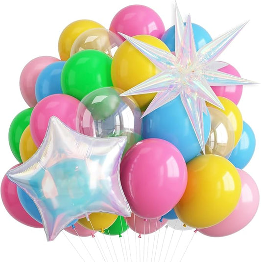 Rainbow Balloons, 12 Inch Multicolor Blue Green Pink Yellow Clear Latex Balloons with Star Foil Balloons for Girl Kid Summer Pool Birthday Baby Shower Wedding Beach Party Decorations