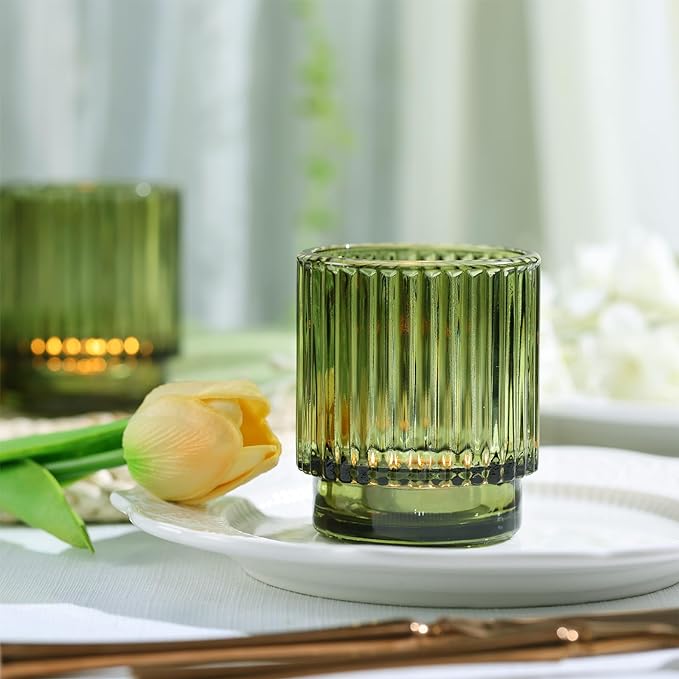 16 Pcs Large Green Votive Candle Holders, Tealight Ribbed Candle Holders Glass for Christmas Decorations, Green Glass Candle Holder, Vintage Boho Christmas Table Decorations,