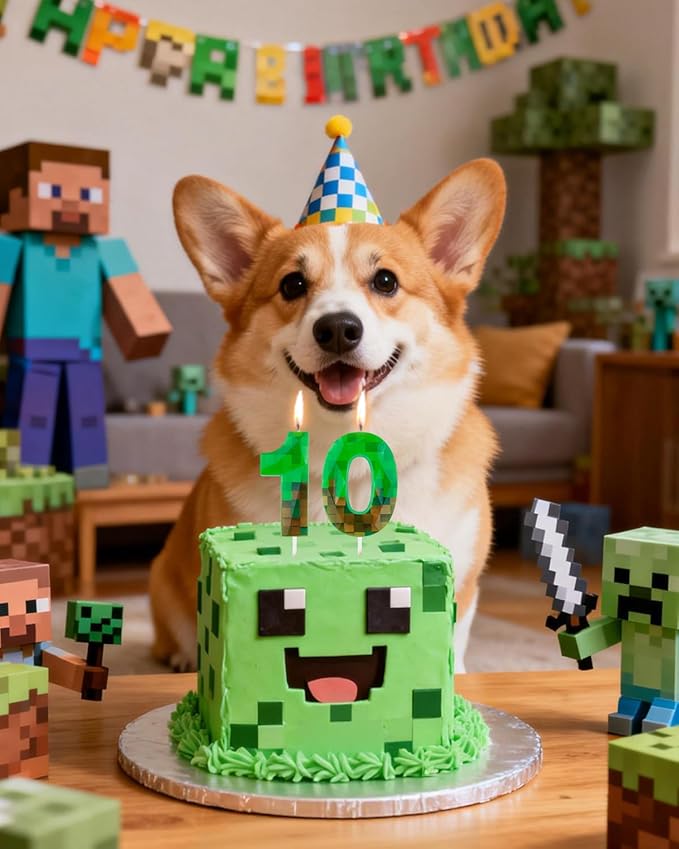 Pixel Birthday Candle, 2.68 Inch Miner Number Candles, Game Themed Candle Birthday Decoration for Pixel Theme Birthday Anniversary Dynamite Video Game Party (Green, 10)