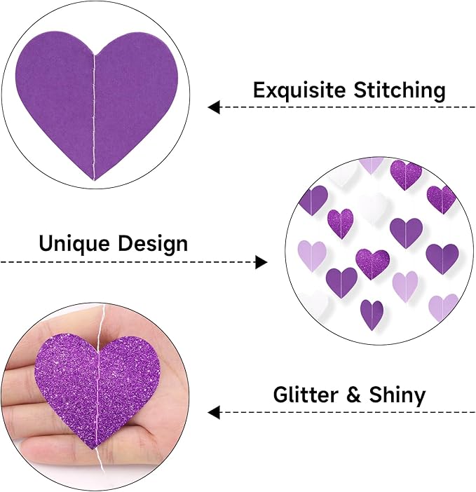 GCQQ Purple Heart Garland - 52Ft/16M Purple and White Lavender Party Decorations 4 Packs Glitter Hanging Heart Streamers for Birthday Wedding Baby Bridal Shower Bachelorette Party Backdrop Décor