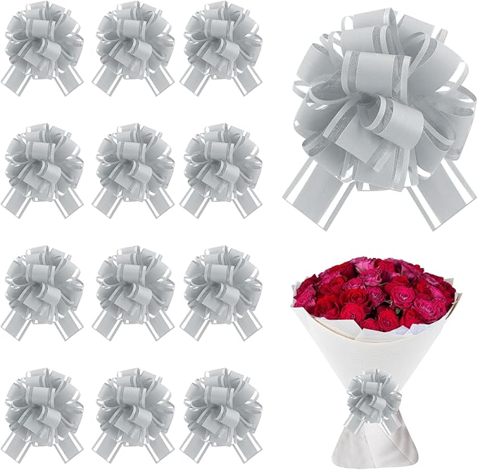 12 Pcs Grey Gift Bow Pull Bows for Gift Warpping Christmas Warp Ribbon Bow Party Birthday Wedding Solid Bows for Bikes Anniversary Boxes Flower Decorations Valentine's Day (Grey-E)