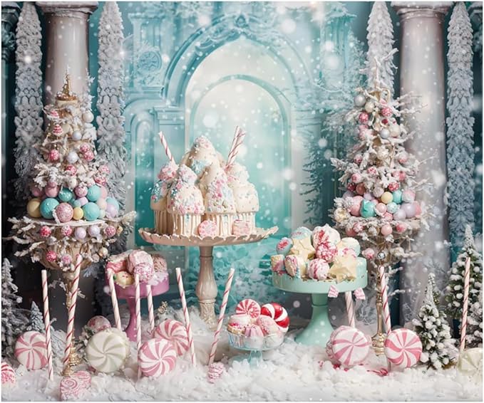 Kate 10x8ft Christmas Candy Tree Photography Backdrops Dreamlike Snowflake Ice Cream Cake Cup Christmas Decoration Photo Background Xmas Happy Birthday Party Baby Shower Backgrounds Video