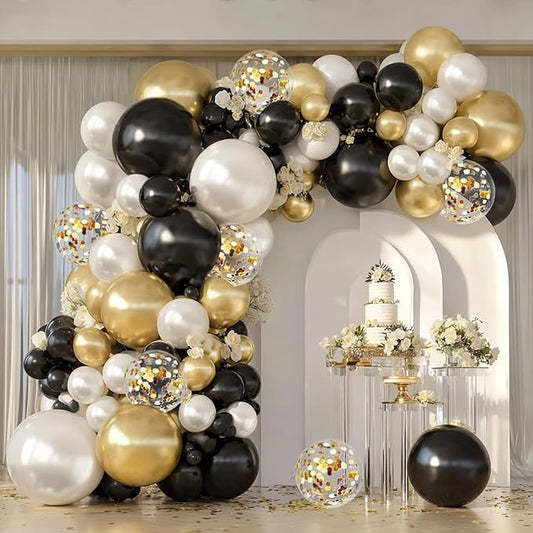 Black Gold White Balloons Arch Kit - 129pcs Double Stuffed Pearl Sand White Black Chrome Gold Confetti Balloon Garland Kit for Birthday Graduation Retirement Father's Day New Year's Party Decorations