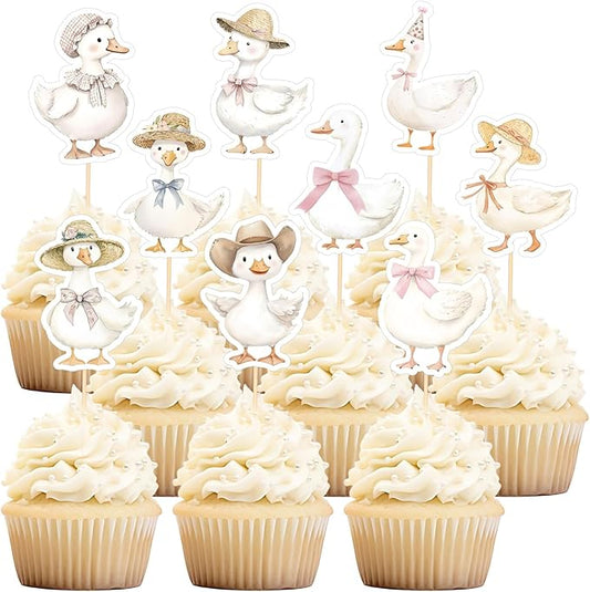 FYSUIMU 27Pcs One Silly Goose Cupcake Toppers Vintage Chic Watercolor Goose Cupcake Picks Cute Cake Decorations for Baby Shower Birthday Party Supplies