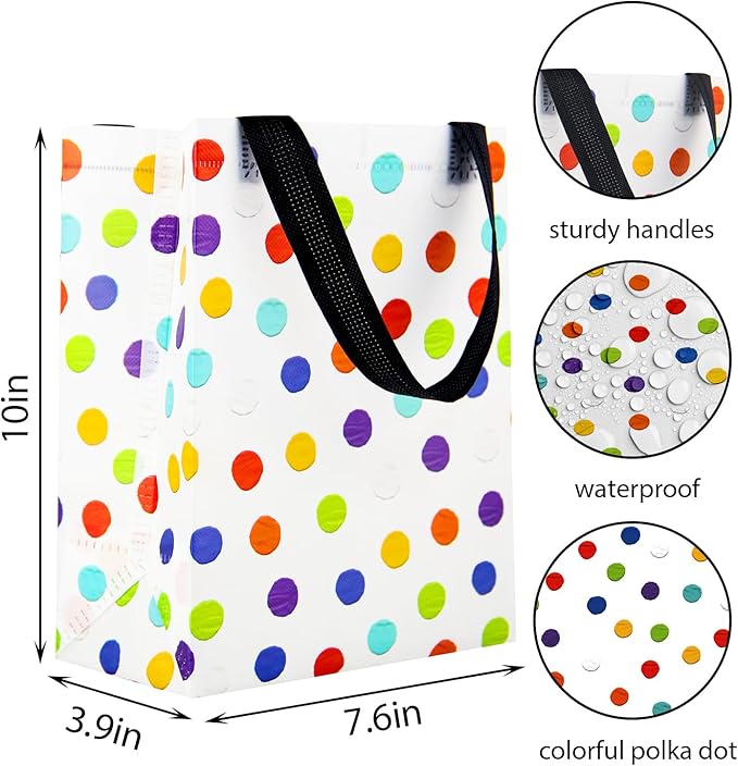 BLEWINDZ 16Pcs Reusable Gift Bags with Tissues - Medium Rainbow Polka Dot Party Favor Bags for Christmas, Birthday, Baby Shower, Grocery Shopping, Wedding (10" x 7.6" x 3.9")