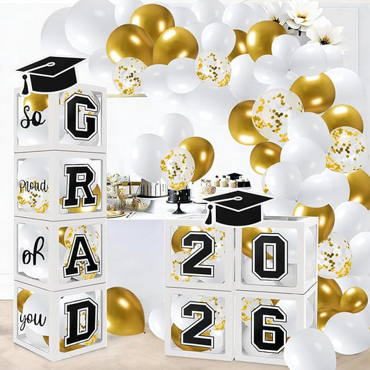 Graduation Decorations 2026 Graduation Party Decorations Set of 4 Boxes with 129pcs Balloons Arch Garland Kit Party Supplies for Any Grades White