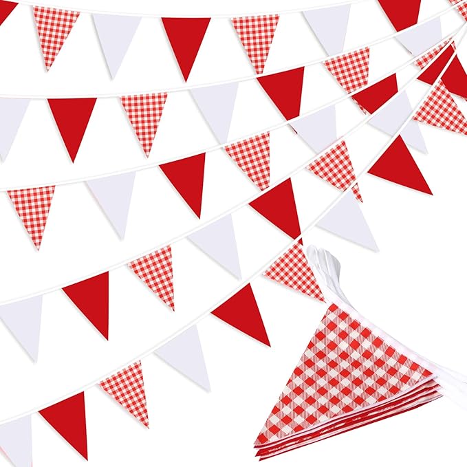 Red Plaid Checkered White Pennant Banner Flag Triangle Bunting Garland Decorations for Wedding Birthday Carnival Christmas Outdoor Home Festivals 33Feet 30 Pcs