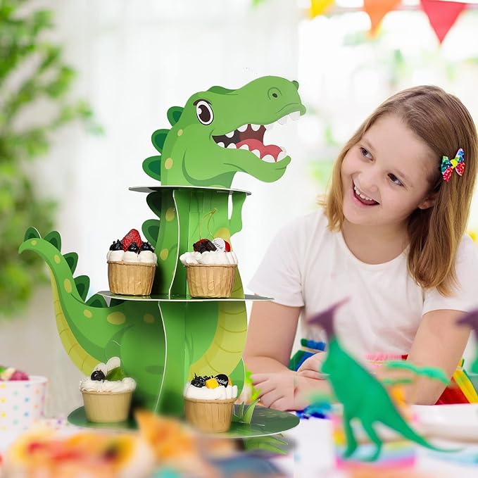 Censen 3 Tier Dinosaur Cupcake Stand Party Decorations Dinosaur Theme Cupcake Holder Decorations Dino Dessert Tower for Kids Jungle Dino Theme Party Birthday Supplies (Lovely)