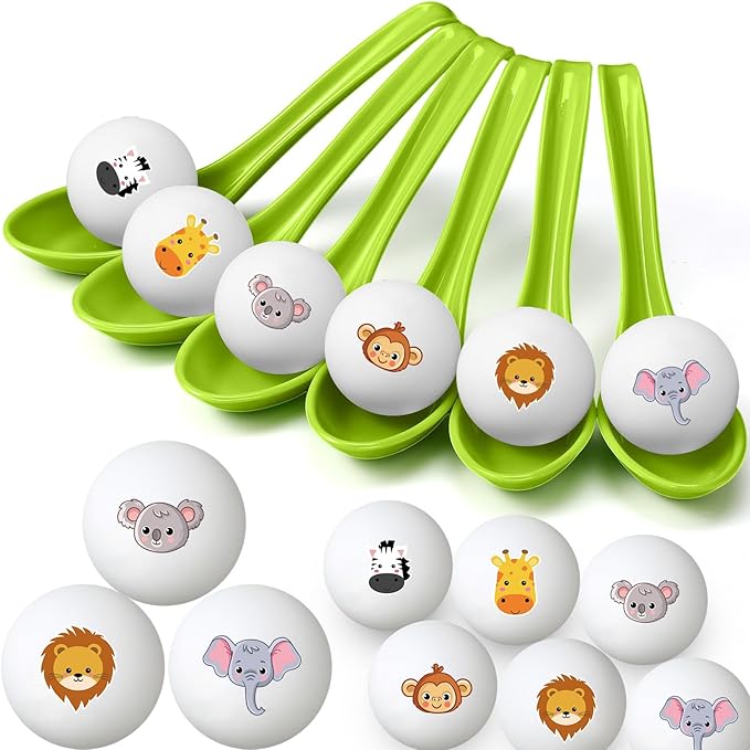 JellyArch 12 Pack Jungle Animals Games Safari Spoon Relay Race Easter Egg and Spoon Race Game Jungle Animal Decorations for Birthday Party Favors Supplies Indoor Outdoor Activities