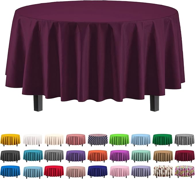 Exquisite Party Solids 6-Pack Premium Plastic Tablecloth 84in. Round Plastic Table Cover - Plum