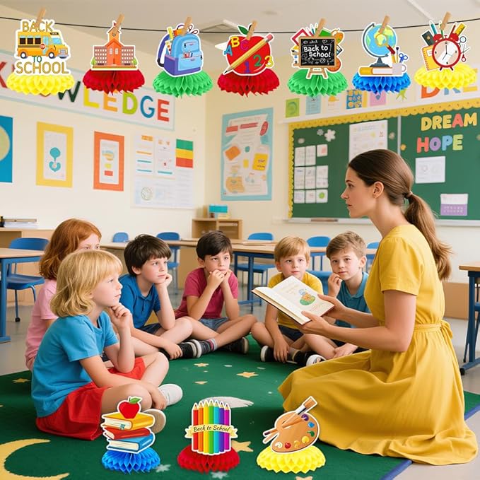 10 Pcs Back to School Decorations, First Day of School Table Toppers Honeycomb Ornaments Centerpieces, Schools Bus Pencil for Classroom Table Decoration Kids Welcome Back to Schools Party Supplies