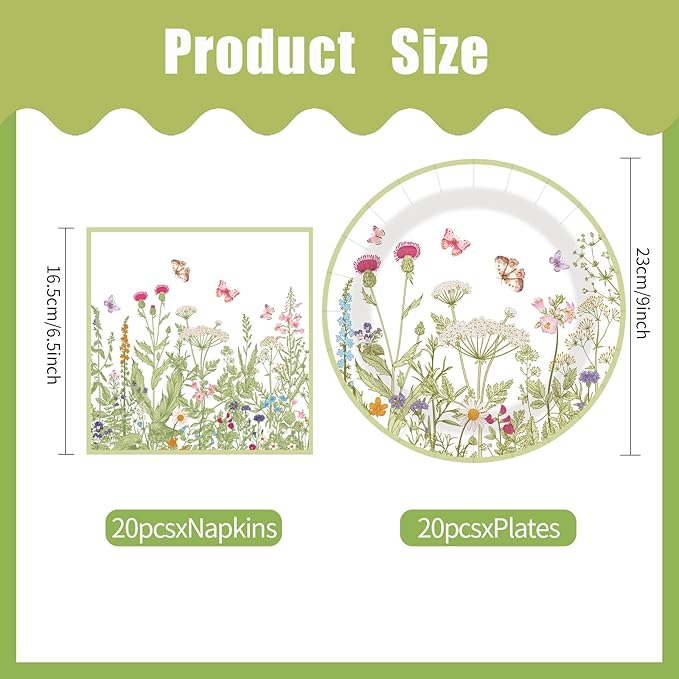 40 pcs Pary Paper Plates and Napkins Disposable Spring Flower 9 inch 20 pcs Dessert Party Plates & 20 pcs Napkins Tableware for Wedding Party Decorations