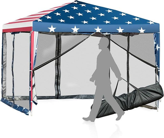 Tangkula 10x10 Ft Pop Up Canopy with Netting, Easy Up Canopy with Mesh Sidewalls, Carrying Bag, Adjustable Height, American Flag Outdoor Canopy with 100 Square Feet of Shade for Backyard, Lawn