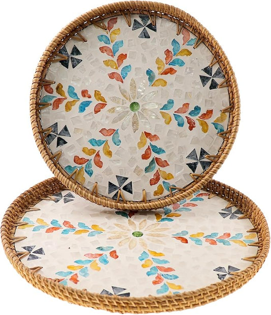 Round Rattan Tray with Mother of Pearl Inlay, Handwoven Wicker Coffee Table Serving Basket Tray for Fruit Snack Party Picnic Cafe Bedroom Kitchen Home Decor Set of 2 (Colorful Wicker)
