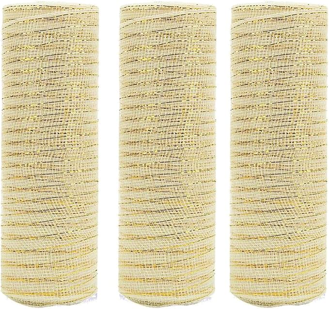3 Rolls Milk White Deco Mesh Ribbon for Wreath Making Supplies, 10 Inch x 30FT Metallic Foil Burlap Deco Mesh Fabric for DIY Crafts Christmas Tree New Year Wreath Swags and Decorating